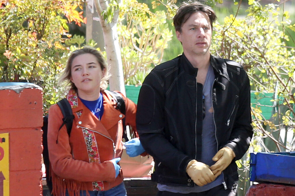 EXCLUSIVE: Florence Pugh And Zach Braff Take A Bike Ride To Pick Up Some Essentials During The Los Angeles Lockdown To Help Fight The Spread Of The Coronavirus Pandemic