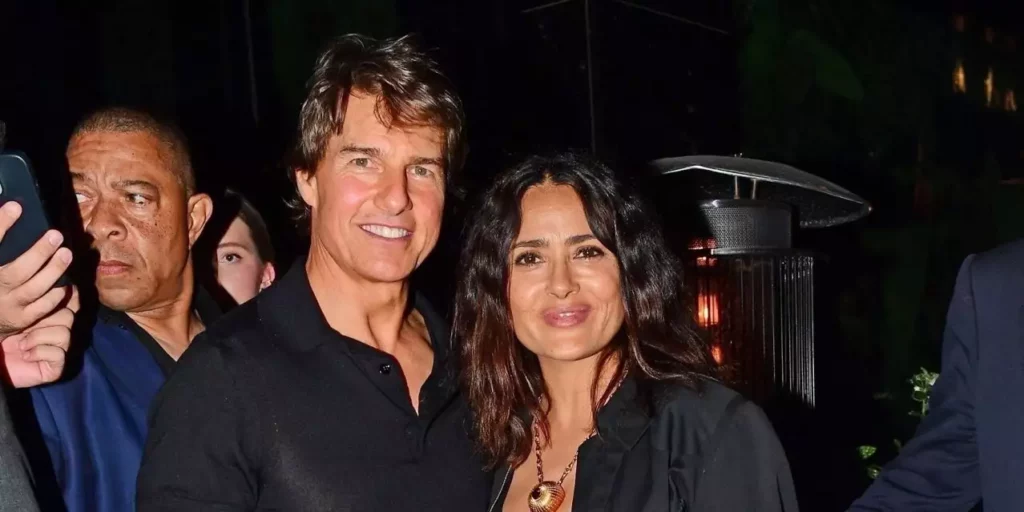 Tom Cruise and wife Francois-Henri Pinault dine with Salma Hayek in a sheer top.